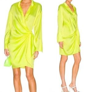 NWOT Revolve Mother of All Gisele Silk Wrap Dress Neon Yellow Women's Size Small